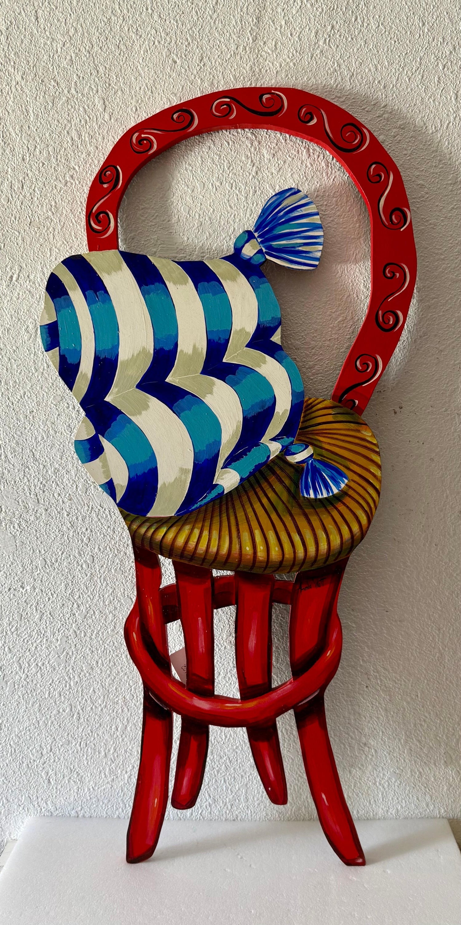 Pop Art Painting Carved Wall Sculpture Amanda Watt Thatched Chair Vibrant Color
