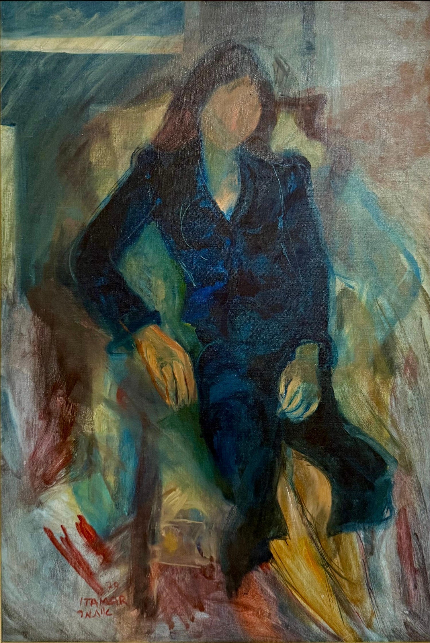 Israeli KIbbutz Artist Toddler, Swim Tube Pointilist Oil Painting Bezalel School