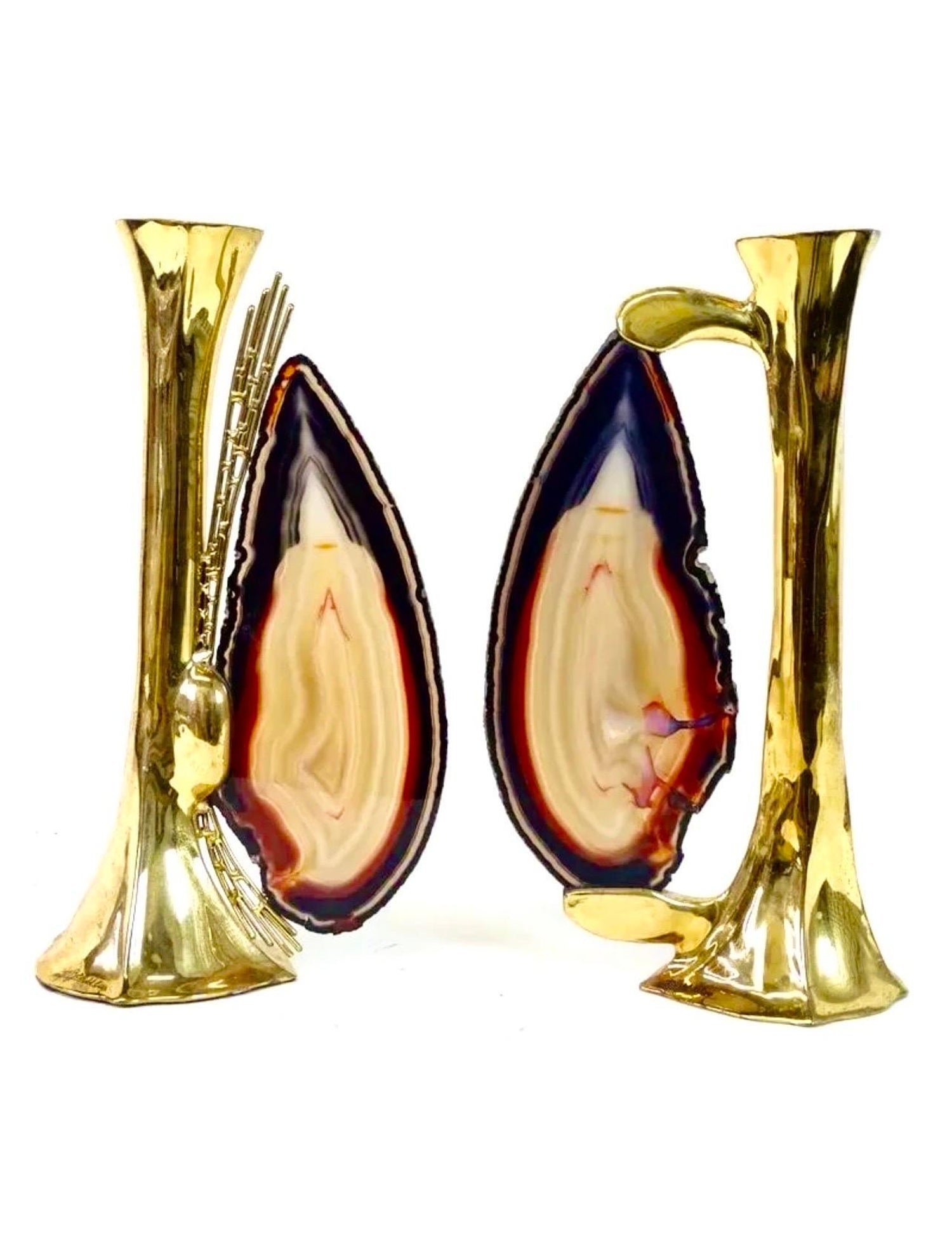 1970s French Brass & Raw Mineral Agate Specimen Sculpture Art Candlesticks Pair