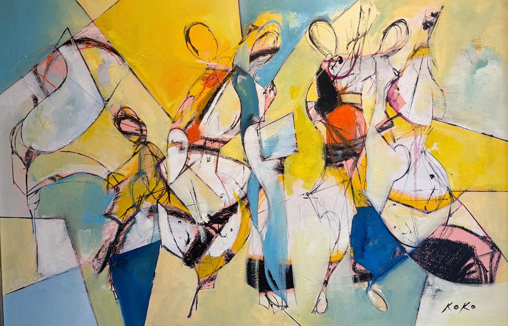Seymour Remenick Large Modernist Figurative Oil Painting "Folk Singers" Hippies