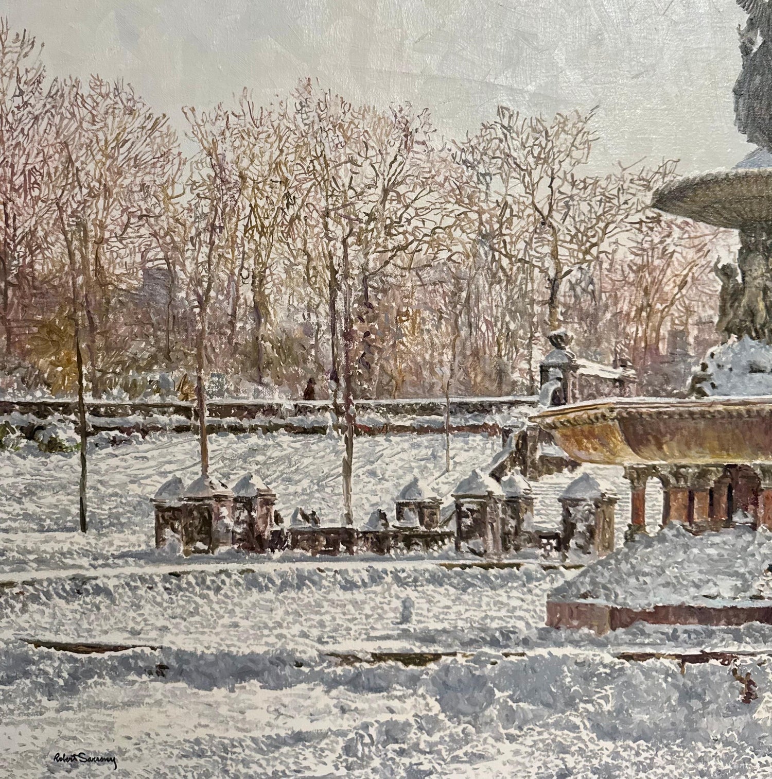Large Oil Painting Central Park in Winter Robert Sarsony New York City in Snow