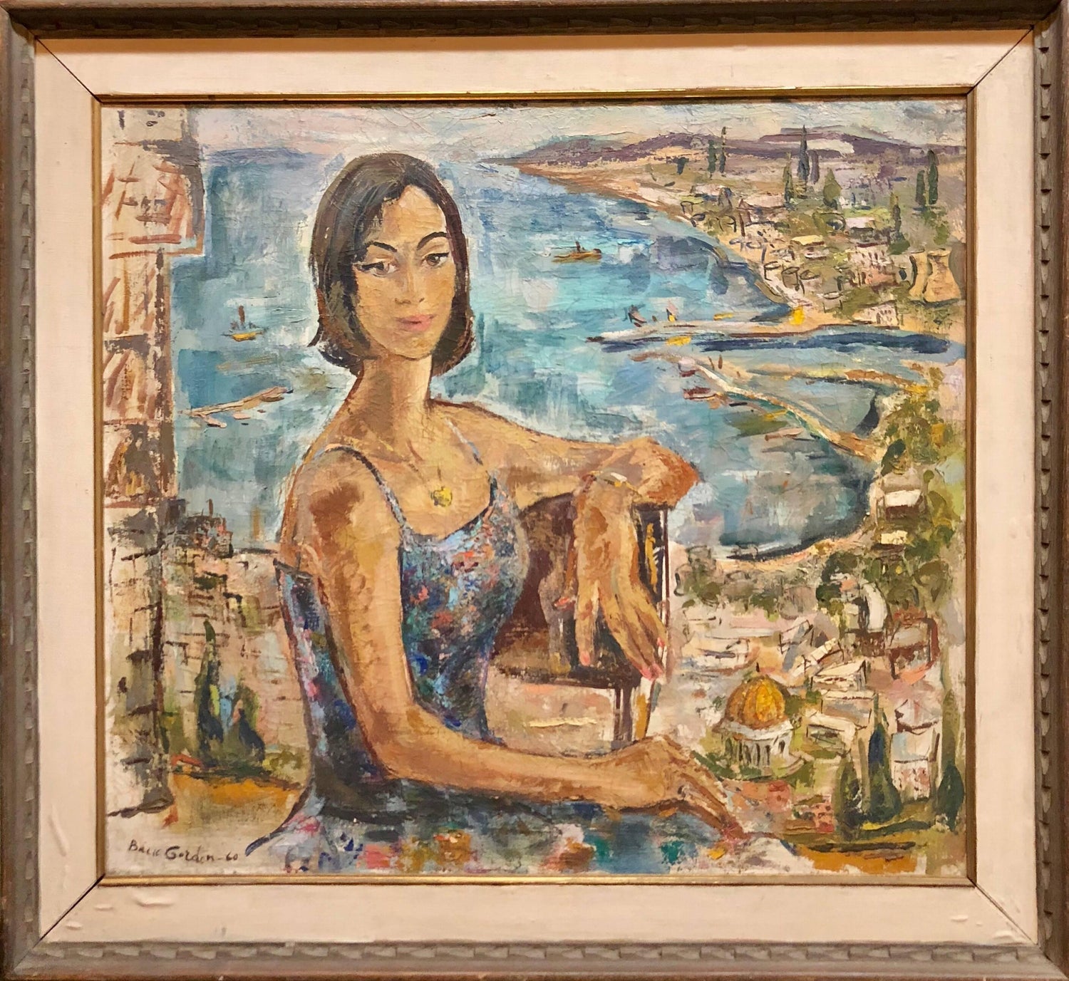 Mid Century Modernist Israeli 'Sabra in Haifa' Landscape Harbor Oil Painting