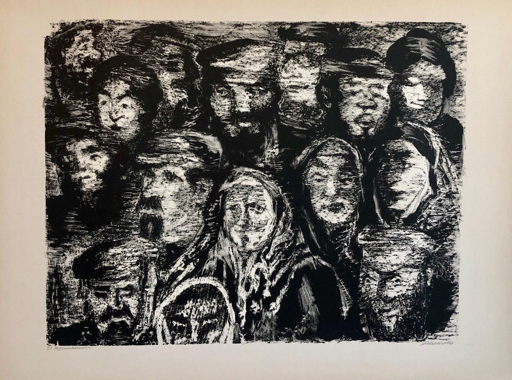Vintage Russian Ukrainian Shtetl Scene Judaica Lithograph Jewish City Faces