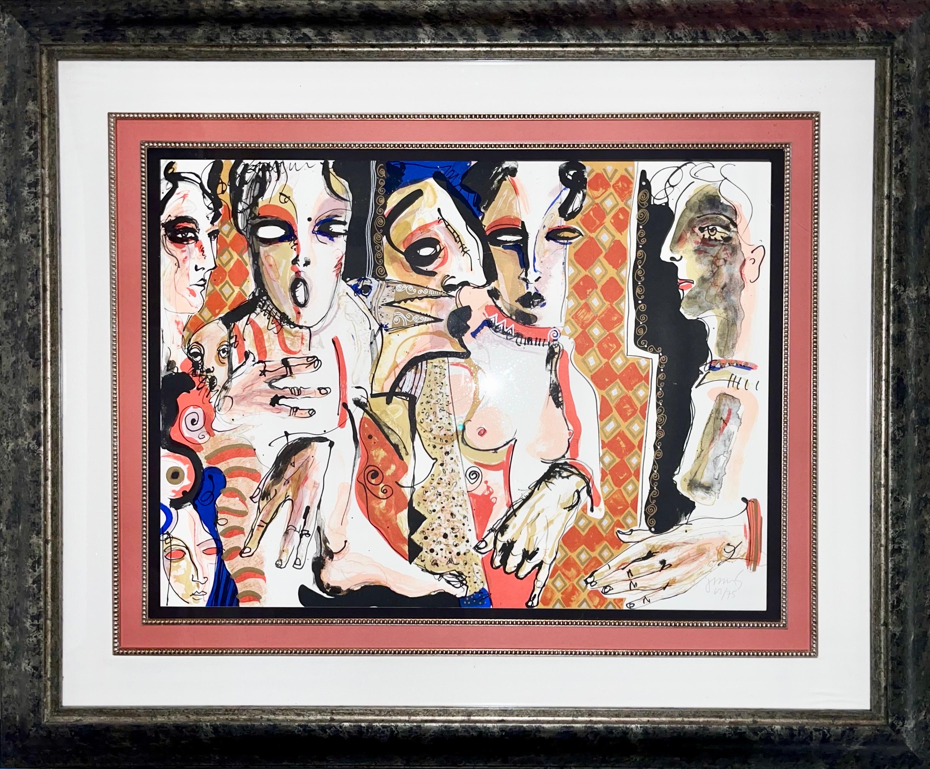 Large Mexican Figurative Expressionist Lithograph Women Juan Sebastian Barbera