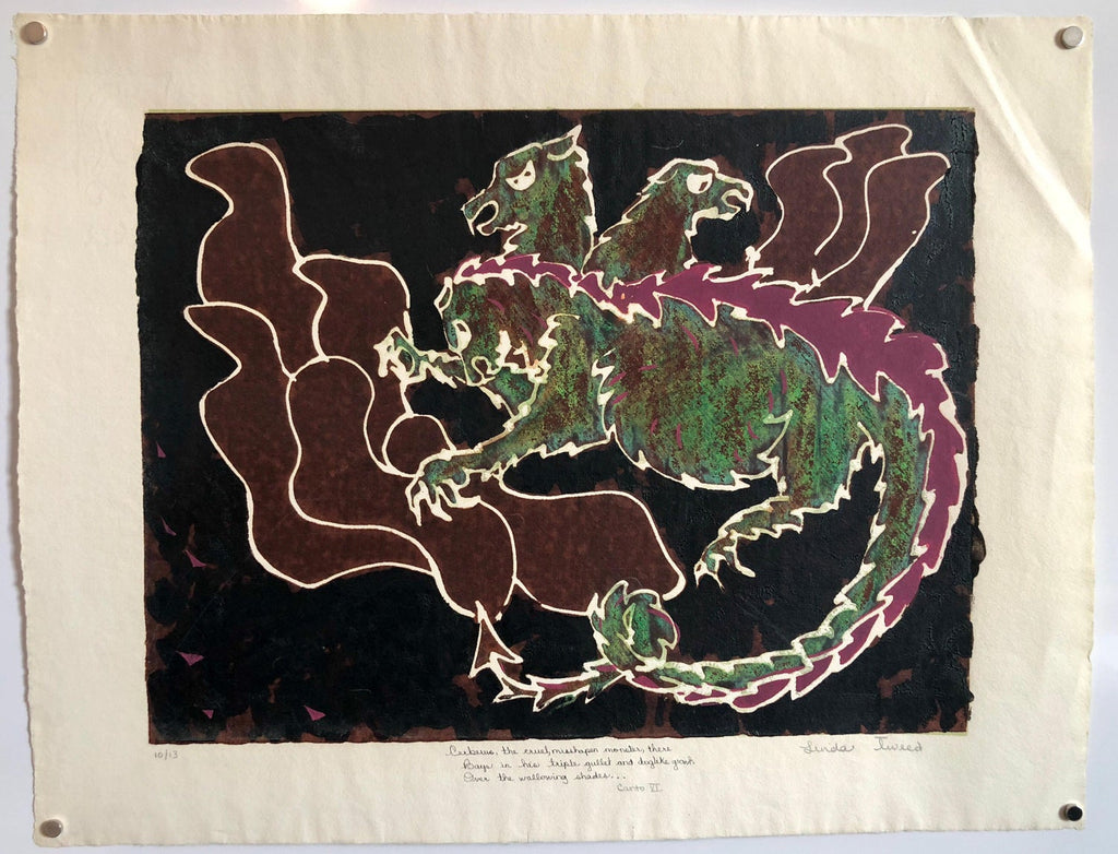 Vintage Vibrant Mod Mythological Dragon Psychedelic Woodblock Woodcut Print