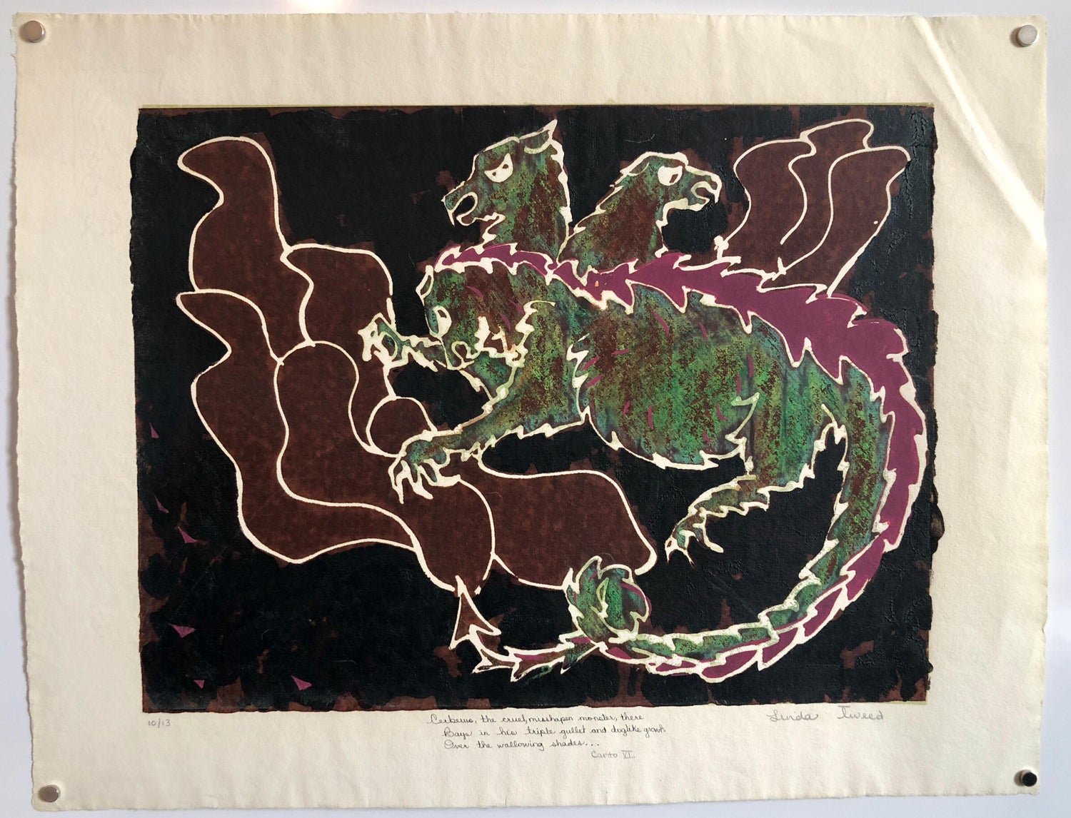 Vintage Vibrant Mod Mythological Dragon Psychedelic Woodblock Woodcut Print