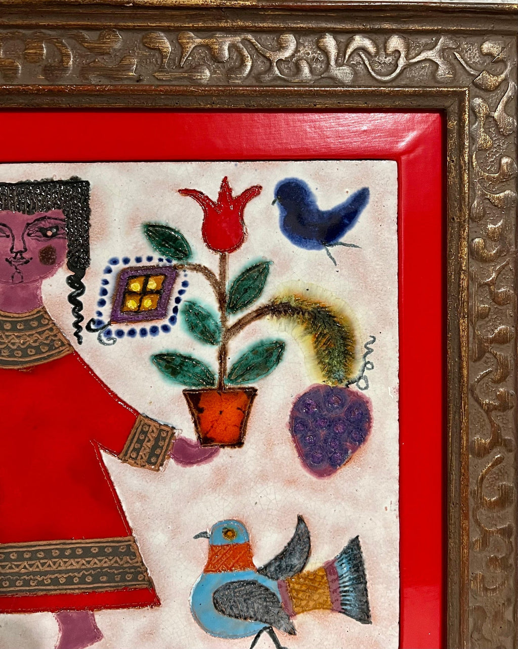 Girl & Plants Enamel Glazed Ceramic Plaque Israeli Artist Awret Naive Folk Art