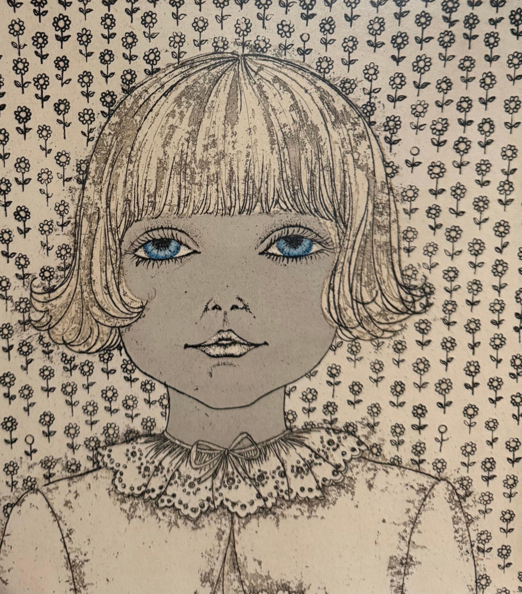 Hand Colored Etching Cuca Romley Naive Folk Art Young Girl Period Frame