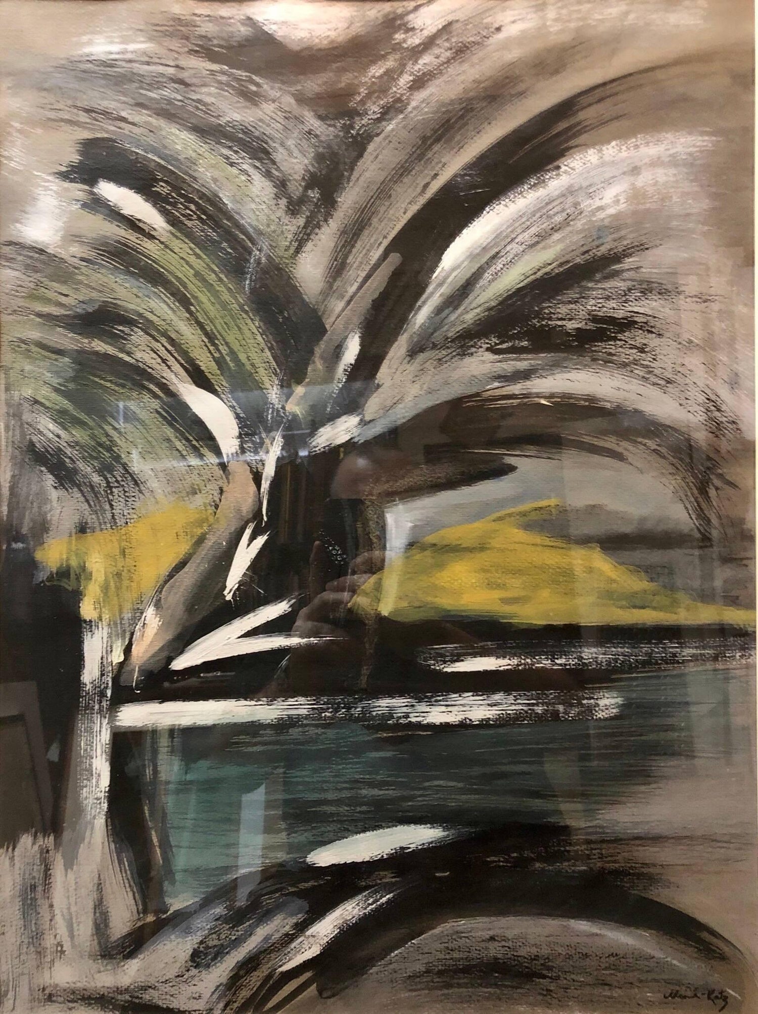 Abstract Landscape with Palm Tree Judaica Gouache Painting