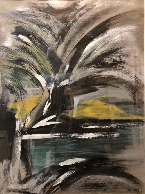 Abstract Landscape with Palm Tree Judaica Gouache Painting
