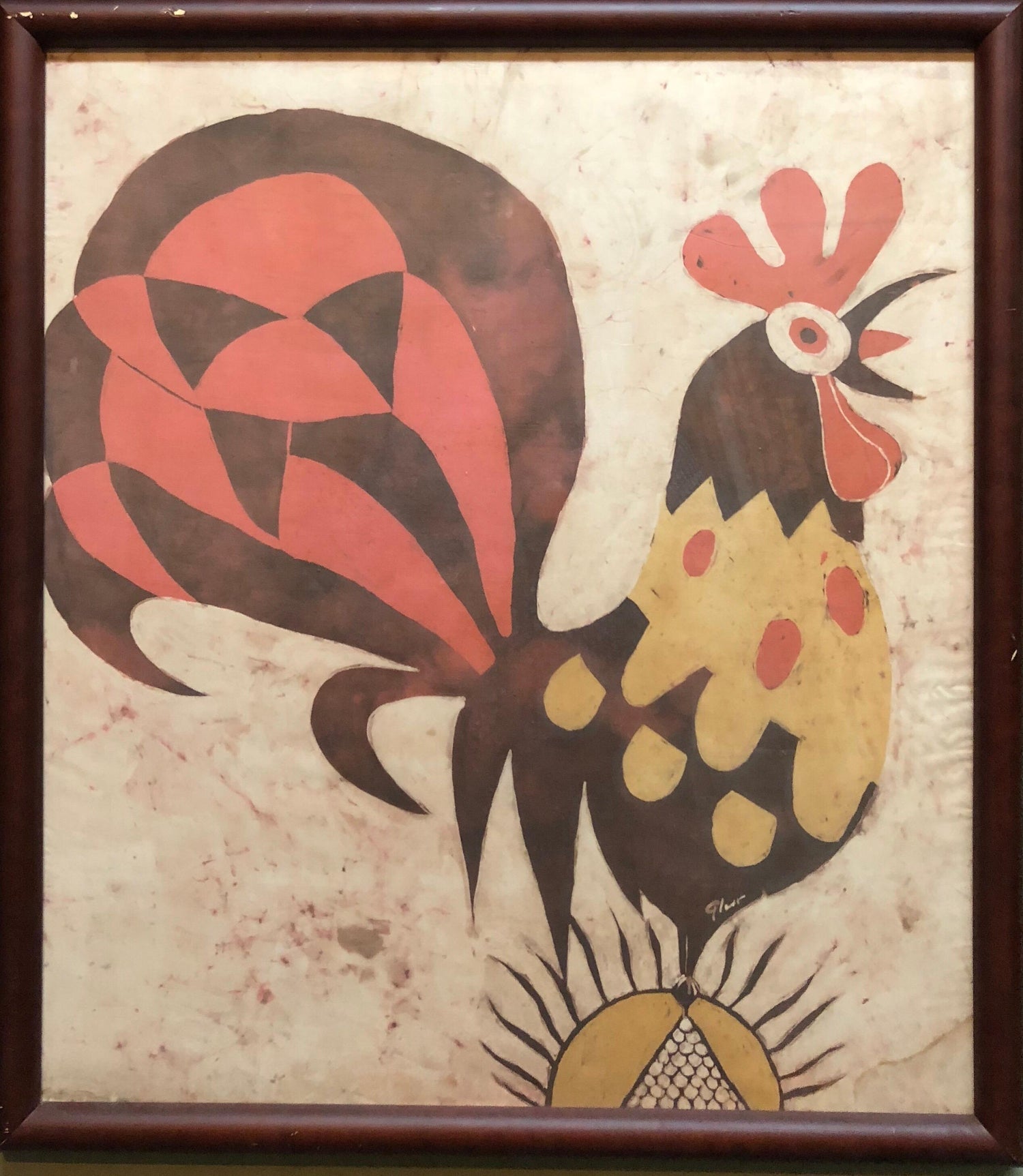 German Israeli Expressionist "Rooster" Batik Style Painting Print on Silk Fabric