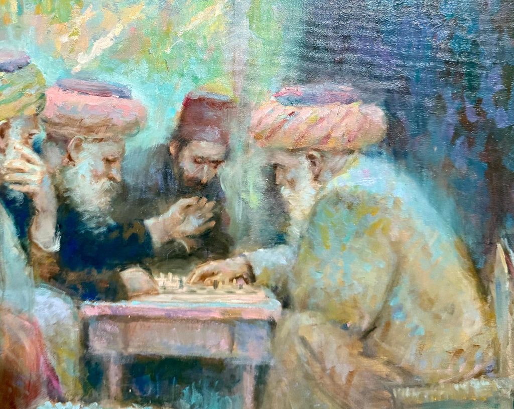 Richard Zolan Impressionist Oil Painting Judaica Sephardic Rabbi Playing Chess