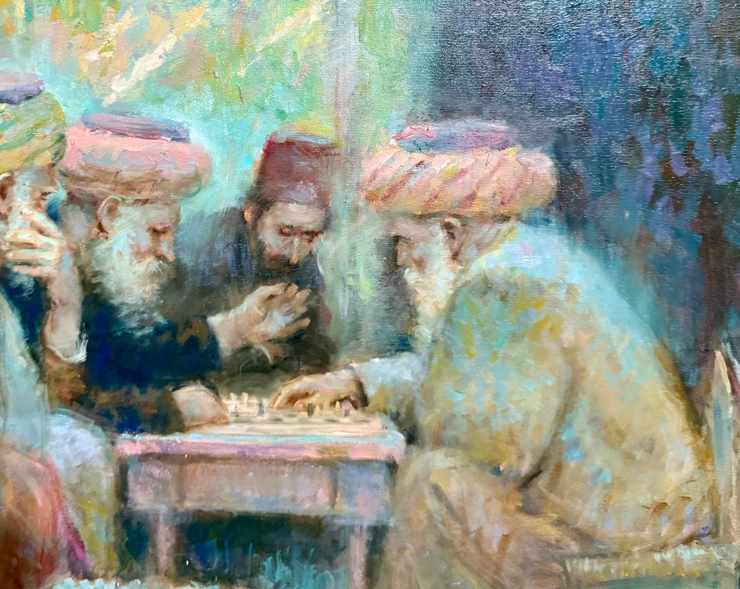 Richard Zolan Impressionist Oil Painting Judaica Sephardic Rabbi Playing Chess