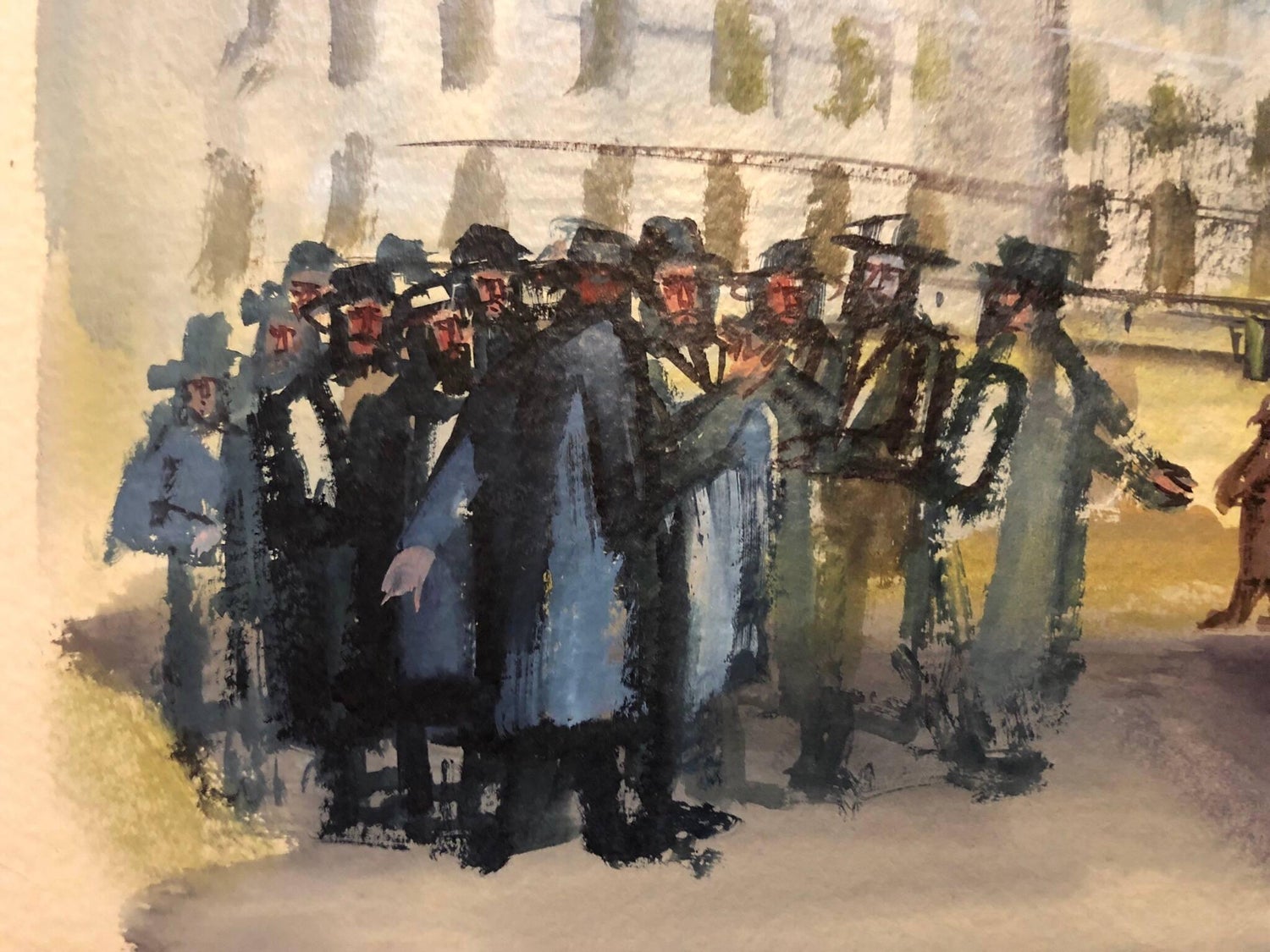 Modernist American Judaica Painting Jewish Men Outside Synagogue Eastern Parkway