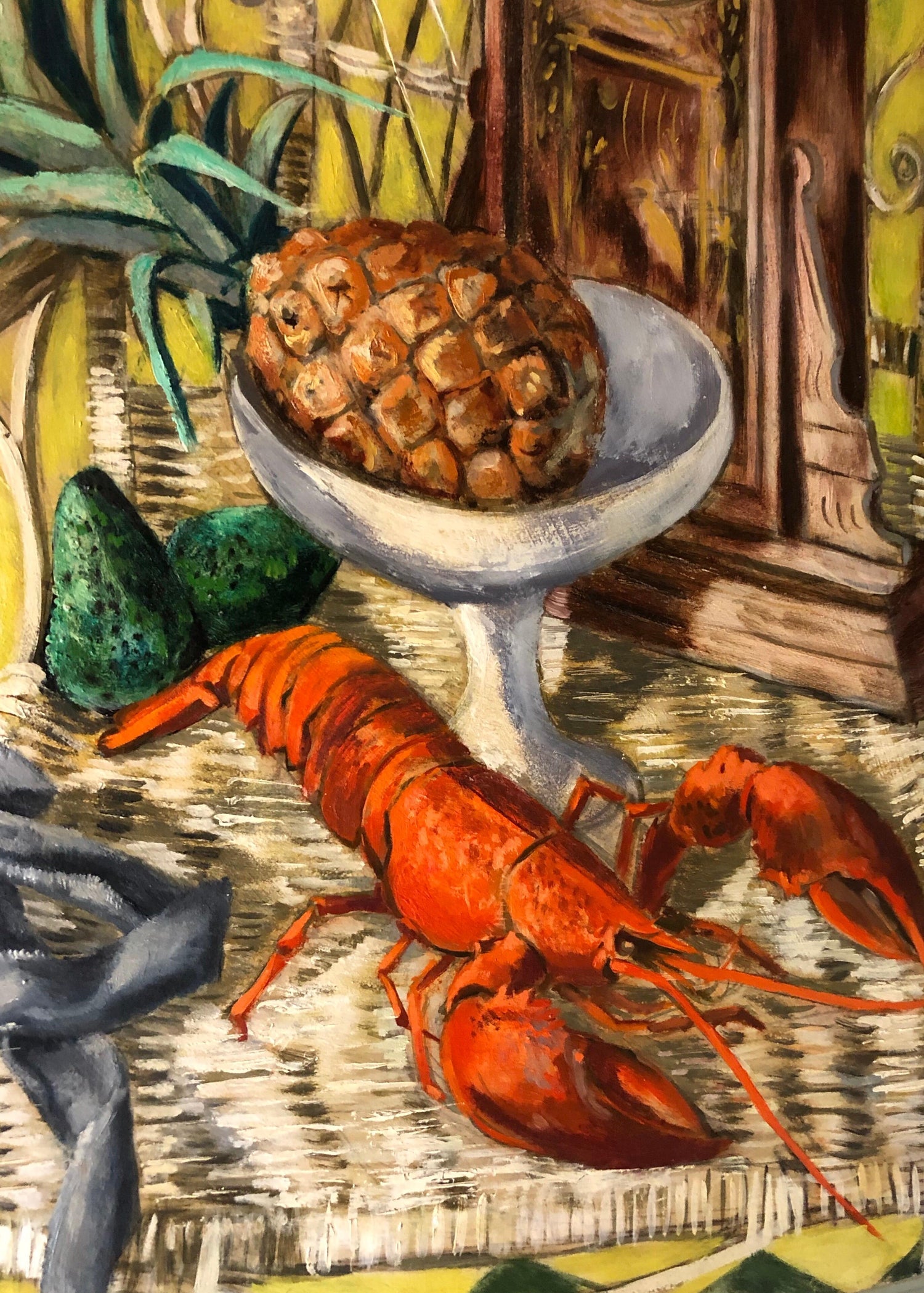 Modernist Oil Painting Still Life Tableaux with Lobster, Pineapple and Clock