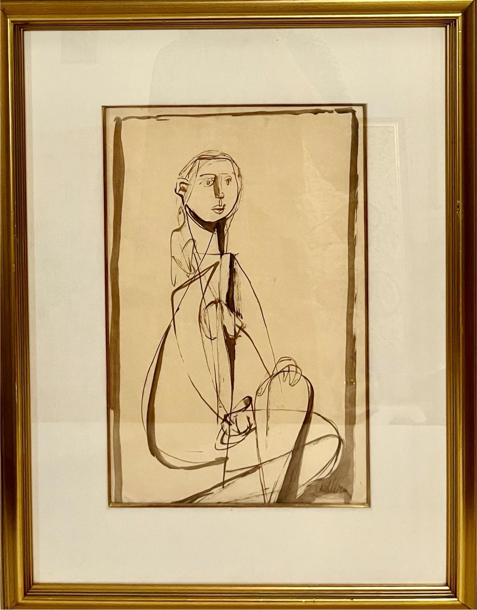 Modernist Ink and Wash Drawing, Painting Jankel Adler Woman Model Ecole De Paris