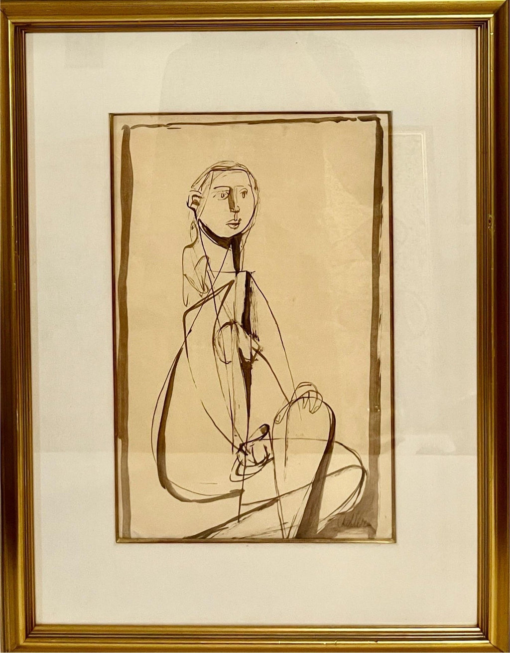 Modernist Ink and Wash Drawing, Painting Jankel Adler Woman Model Ecole De Paris