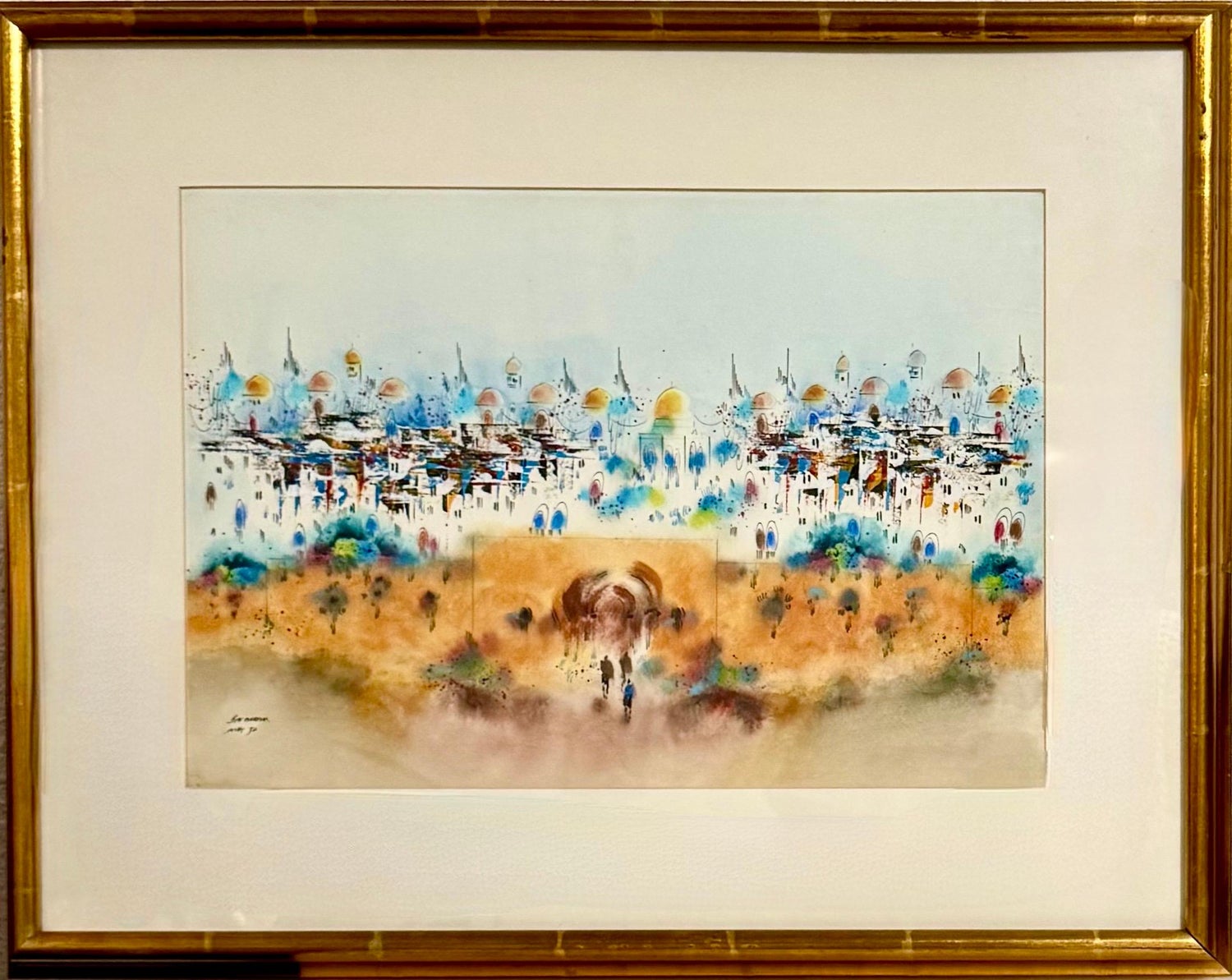 Abstract Landscape with Palm Tree Judaica Gouache Painting