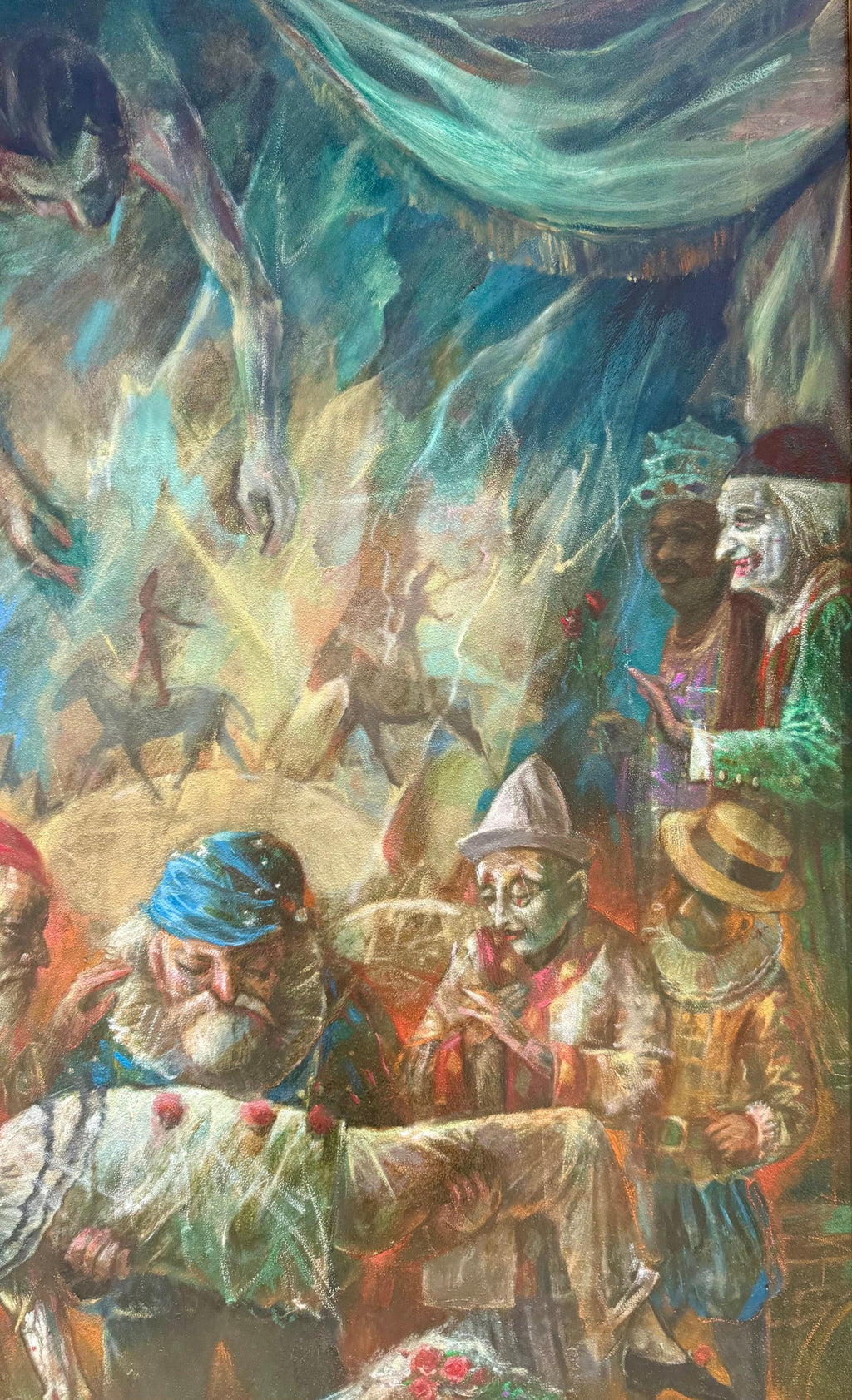 Large Oil Painting Circus Scene Clowns Rediscovered NY Artist Jonah Kinigstein