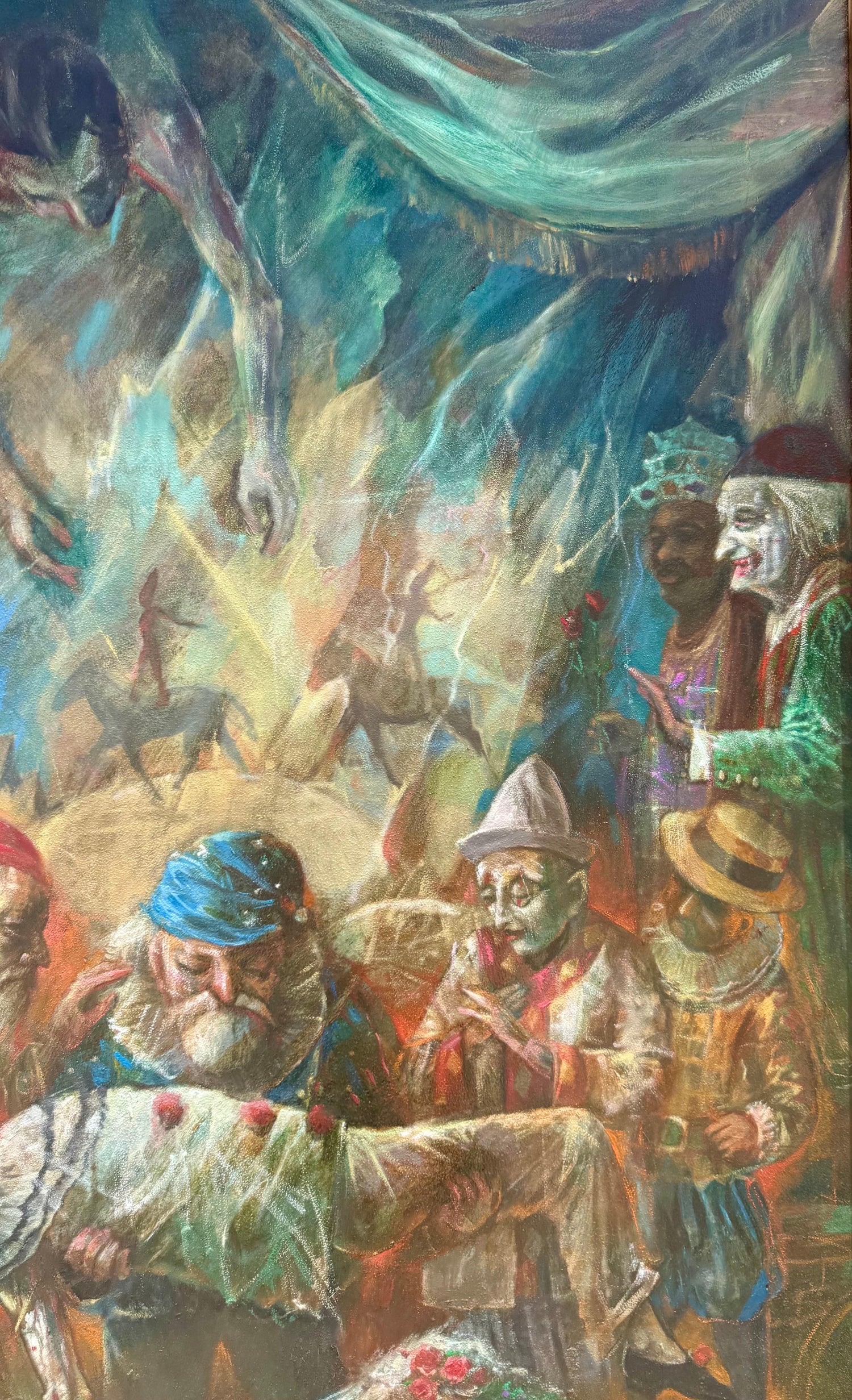 Large Oil Painting Circus Scene Clowns Rediscovered NY Artist Jonah Kinigstein