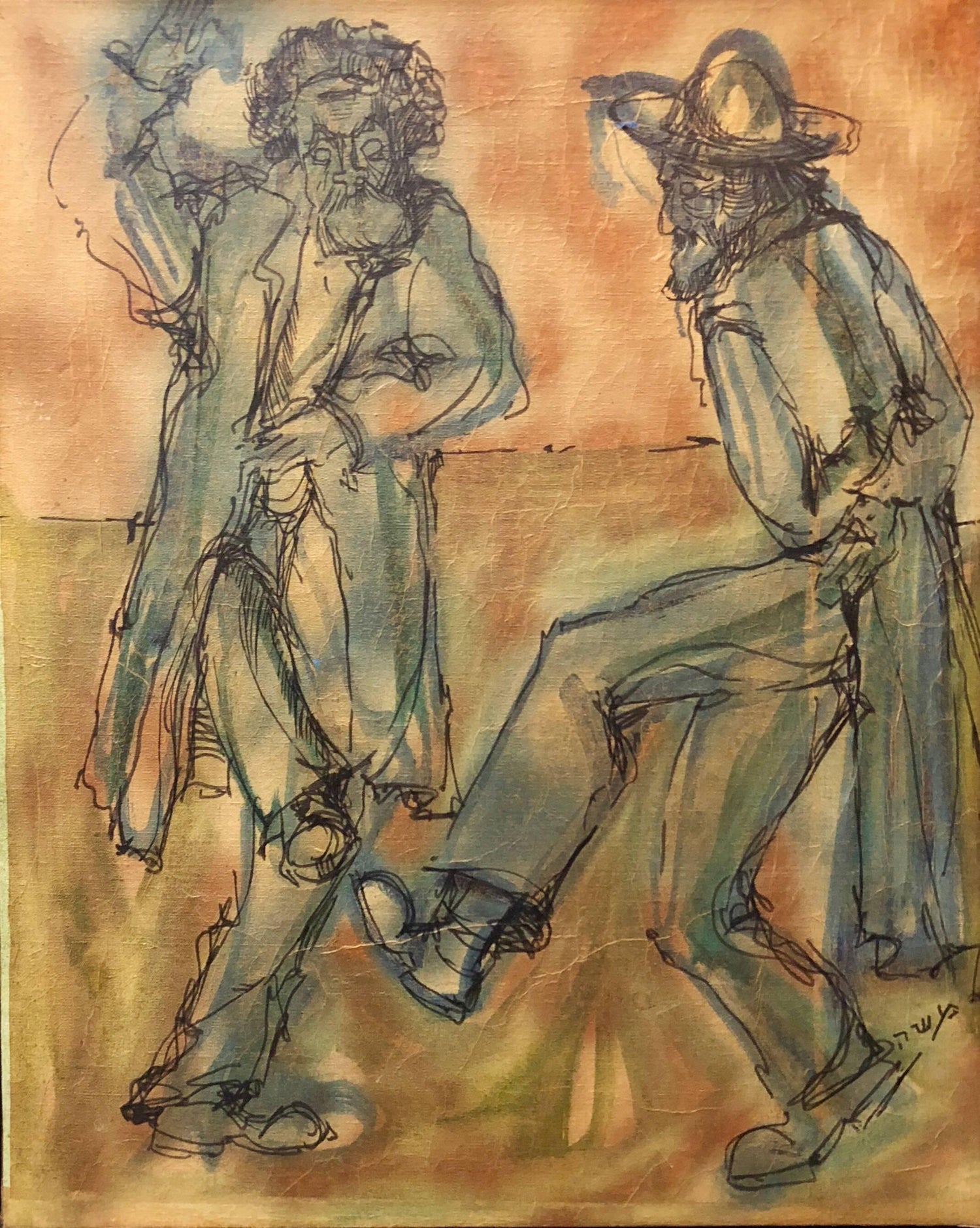 Modernist American Judaica Painting Purim, Dancing on Haman