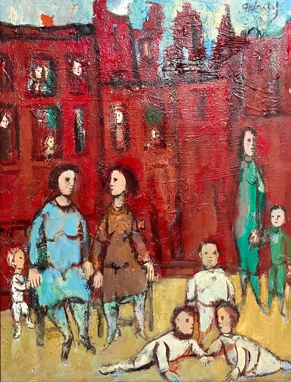 Mid Century Mothers, Children Oil Painting Frank Kleinholz WPA Era NYC Tenements