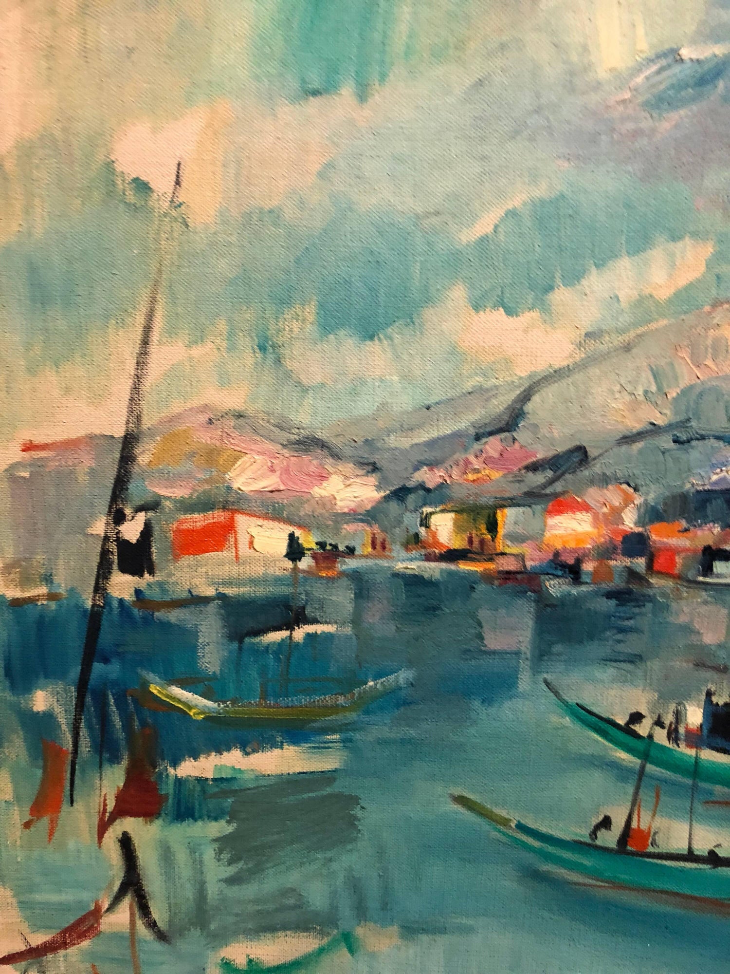 1940s Israeli Modernist Oil Painting Marine Harbor Landscape Bezalel School