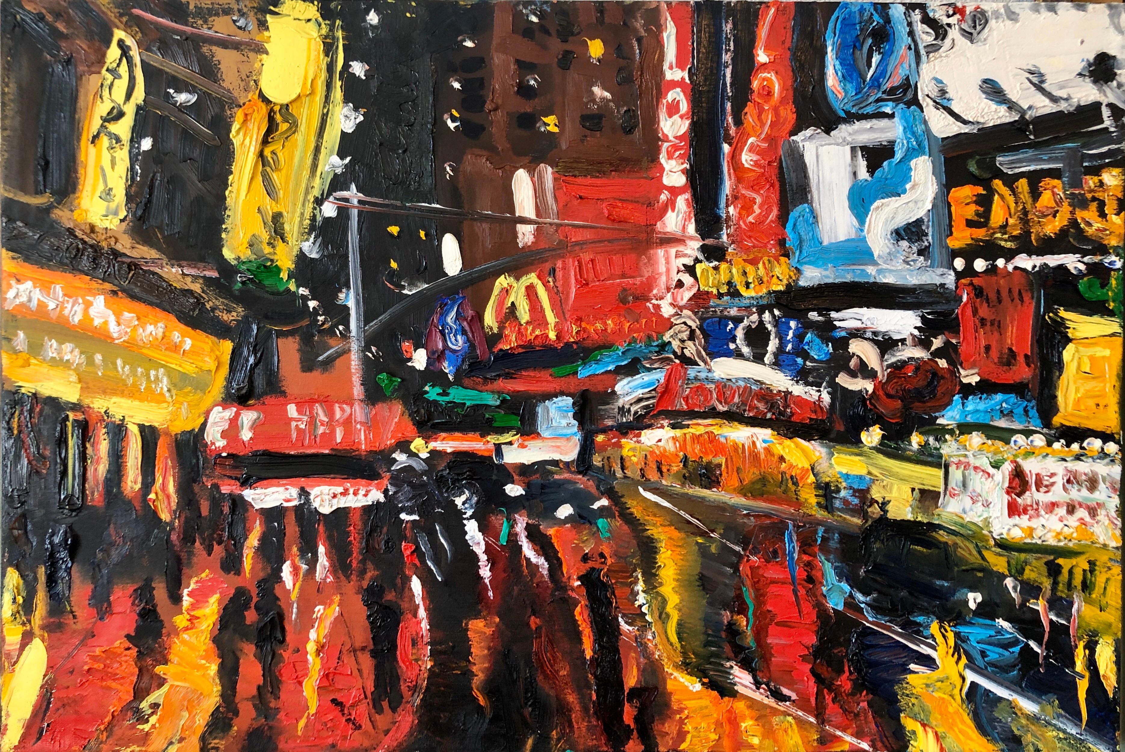 Vibrant New York City Times Square, Figural Abstract Expressionist Oil Painting