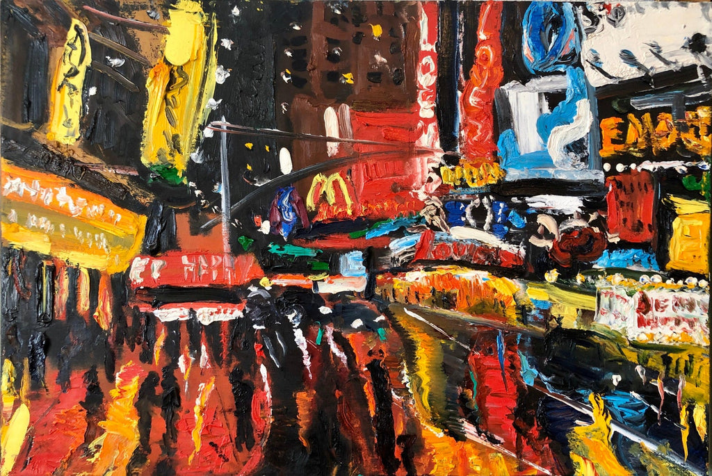 Vibrant New York City Times Square, Figural Abstract Expressionist Oil Painting