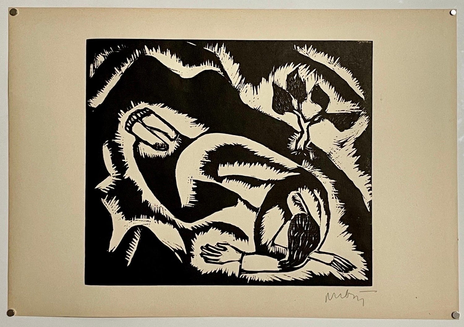 Rare 1923 Cubist Reuven Rubin Woodcut Woodblock Print Israeli Hasidic Judaica