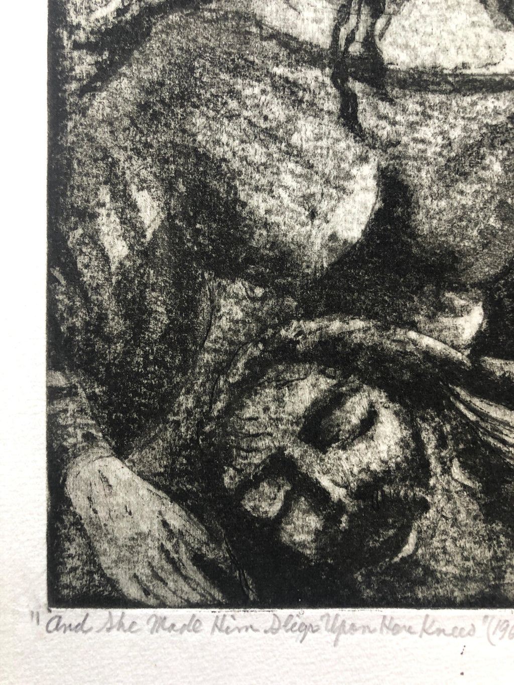 "She Made Him Sleep on her Knees" Etching Israeli Judaica Bezalel School Woman
