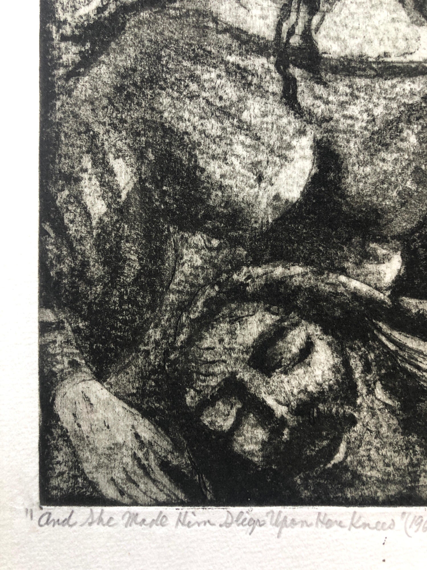 "She Made Him Sleep on her Knees" Etching Israeli Judaica Bezalel School Woman