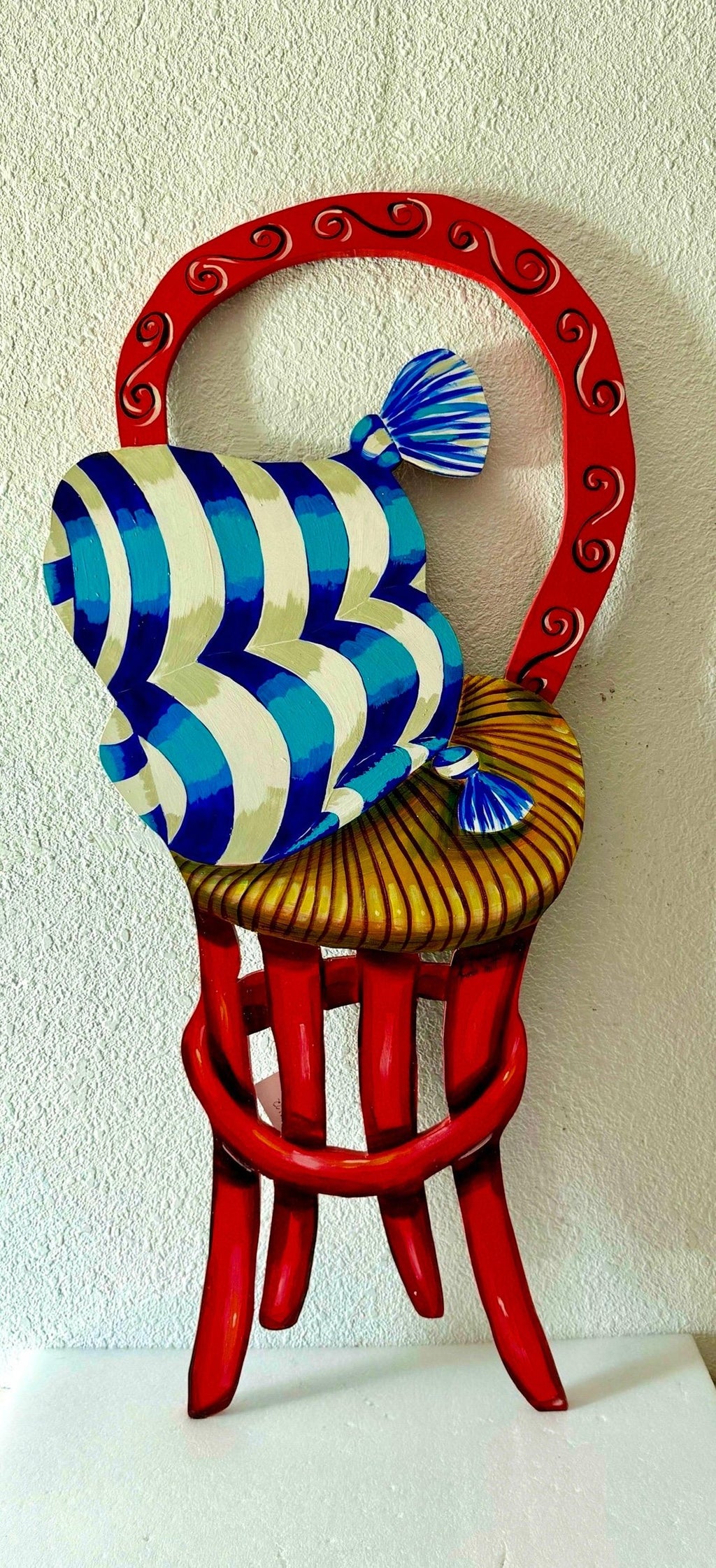 Pop Art Painting Carved Wall Sculpture Amanda Watt Thatched Chair Vibrant Color
