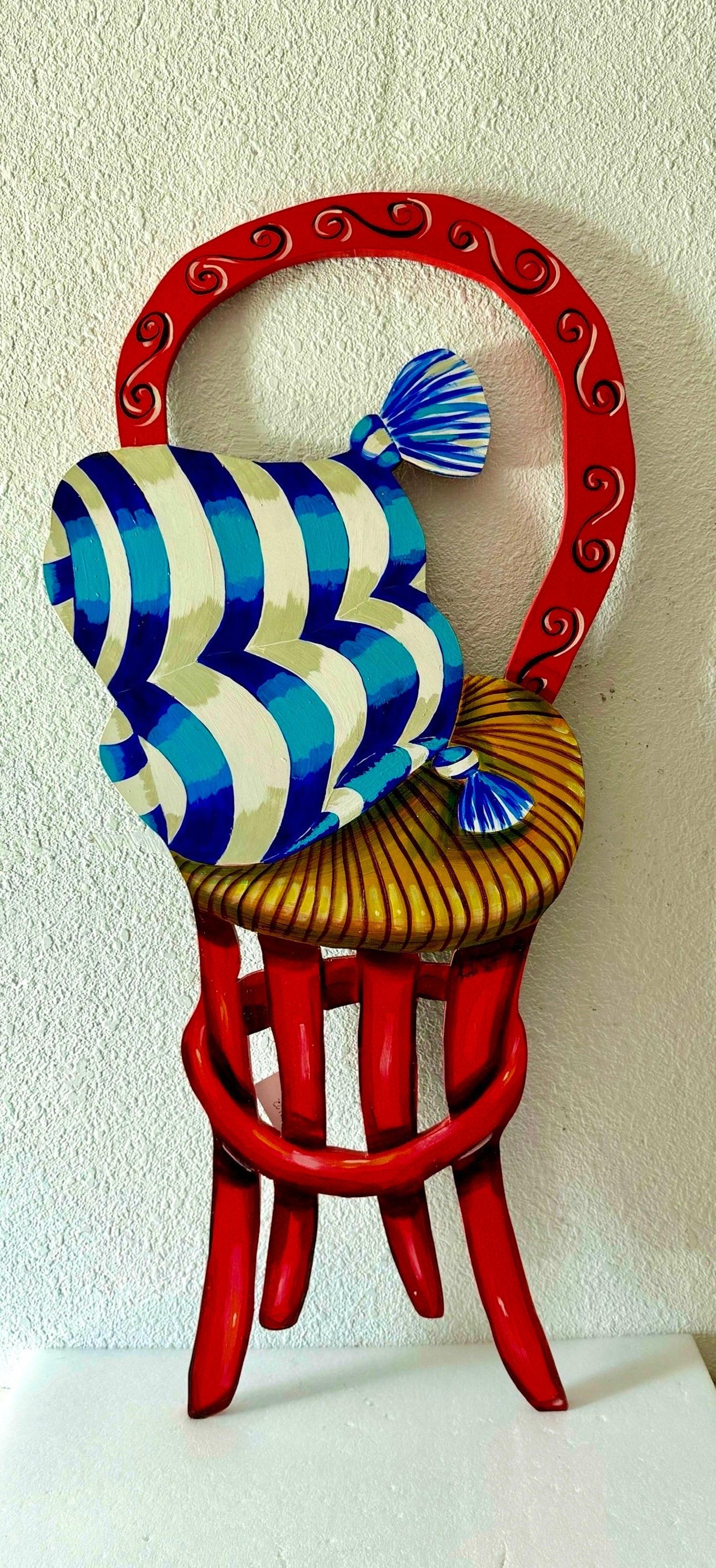 Pop Art Painting Carved Wall Sculpture Amanda Watt Thatched Chair Vibrant Color