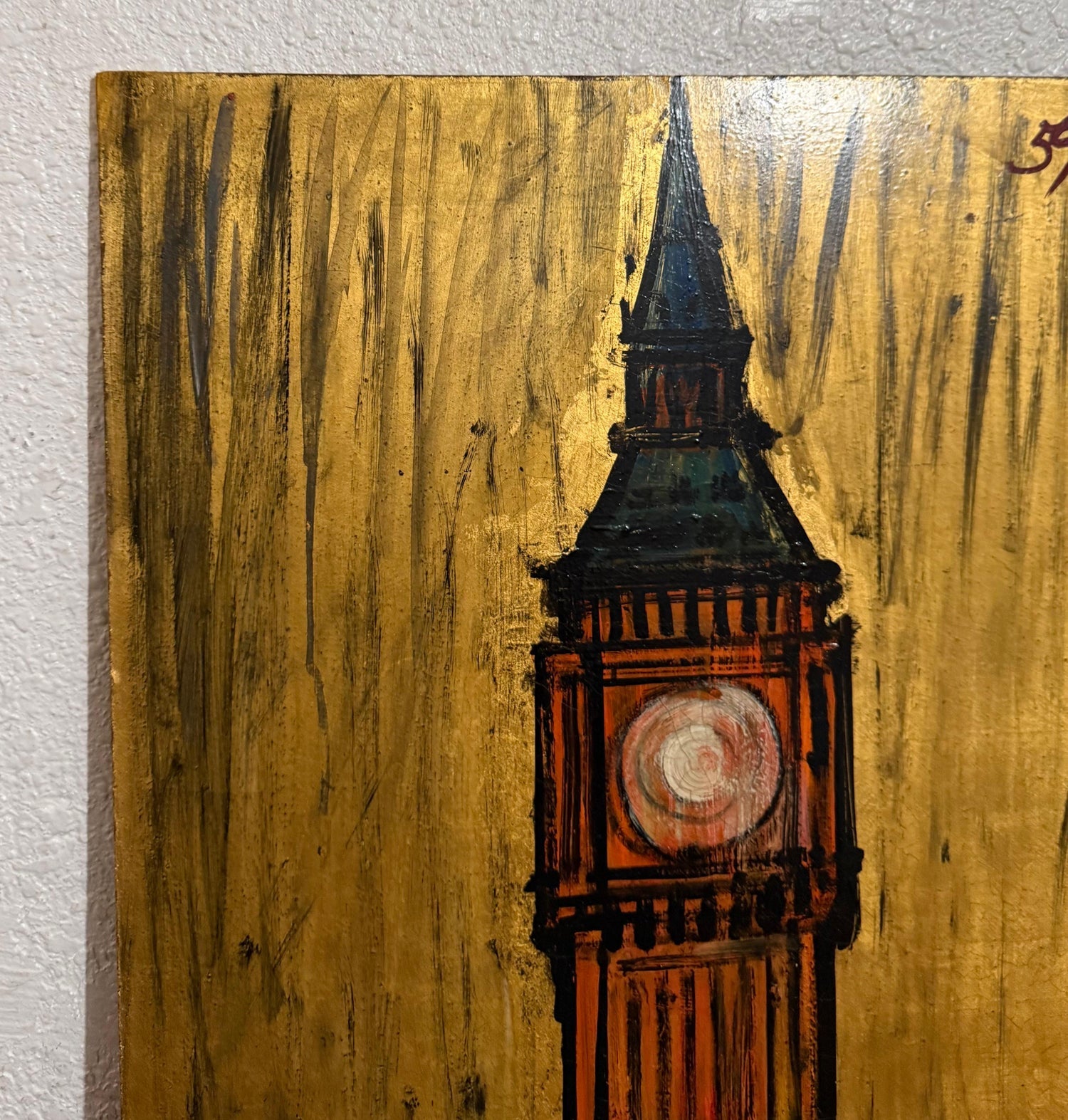 Large London Big Ben Mod Mid Century Architectural Modernist Gold Leaf Painting
