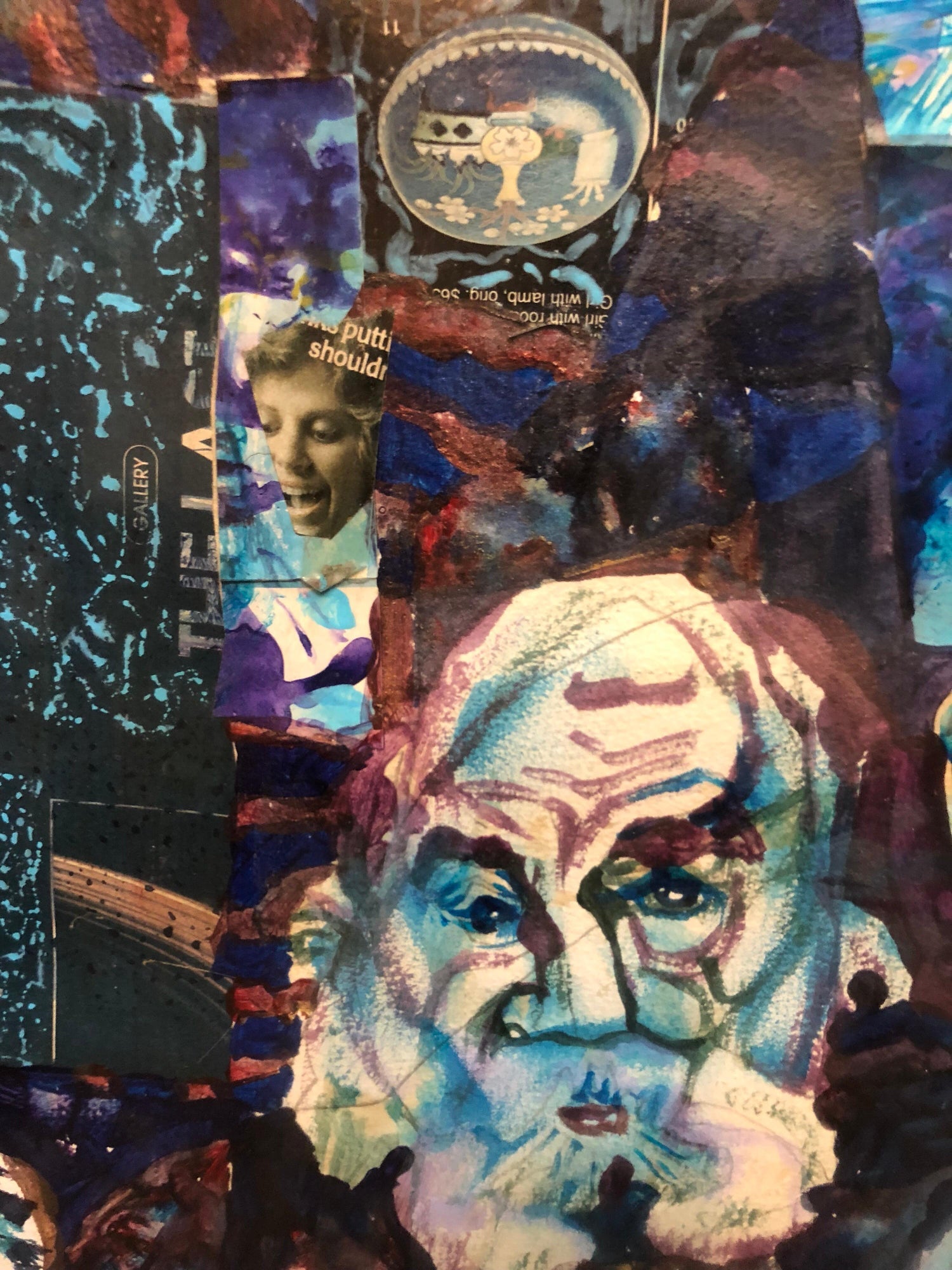 Assemblage Collage Painting Outsider Art Rabbis Studying, Jerusalem