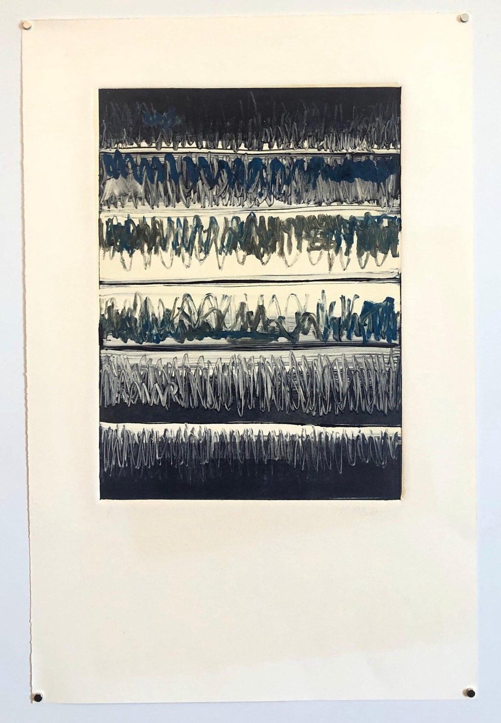 Abstract Expressionist Modernist Denim Blue Monoprint Monotype Painting Print