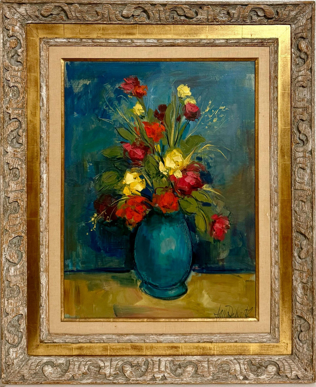 Czech American Floral Oil Painting Jan De Ruth Vibrant Modernist Flowers in Vase