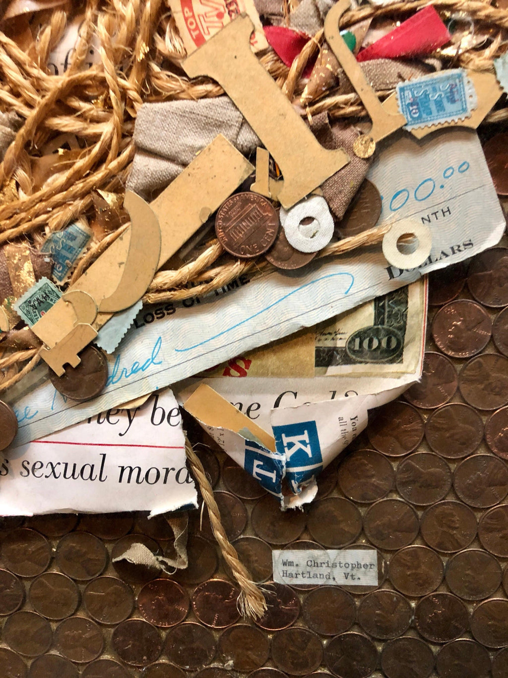 Assemblage Collage Painting/Sculpture with Pennies and Scrap Civil Rights Artist