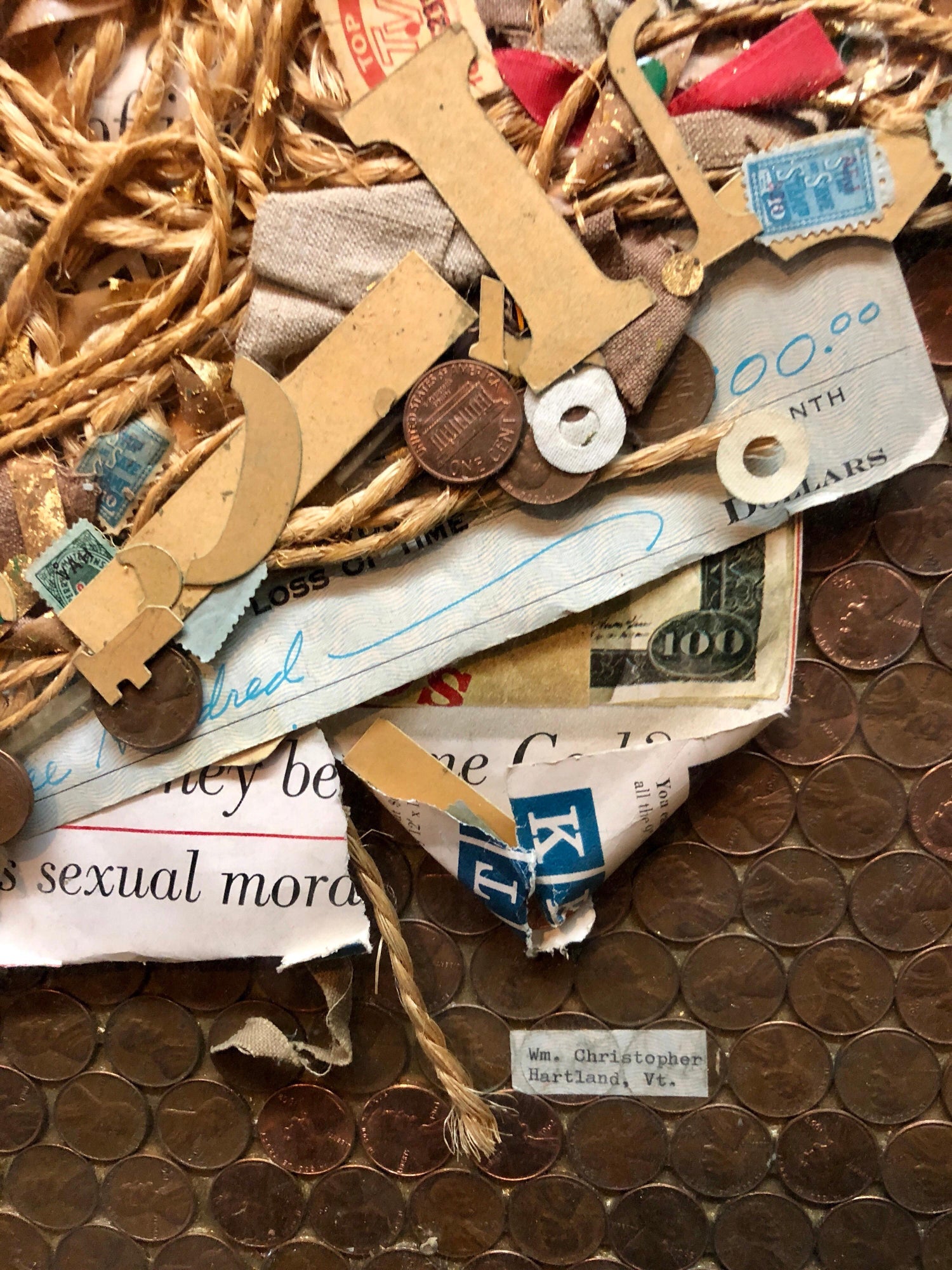 Assemblage Collage Painting/Sculpture with Pennies and Scrap Civil Rights Artist