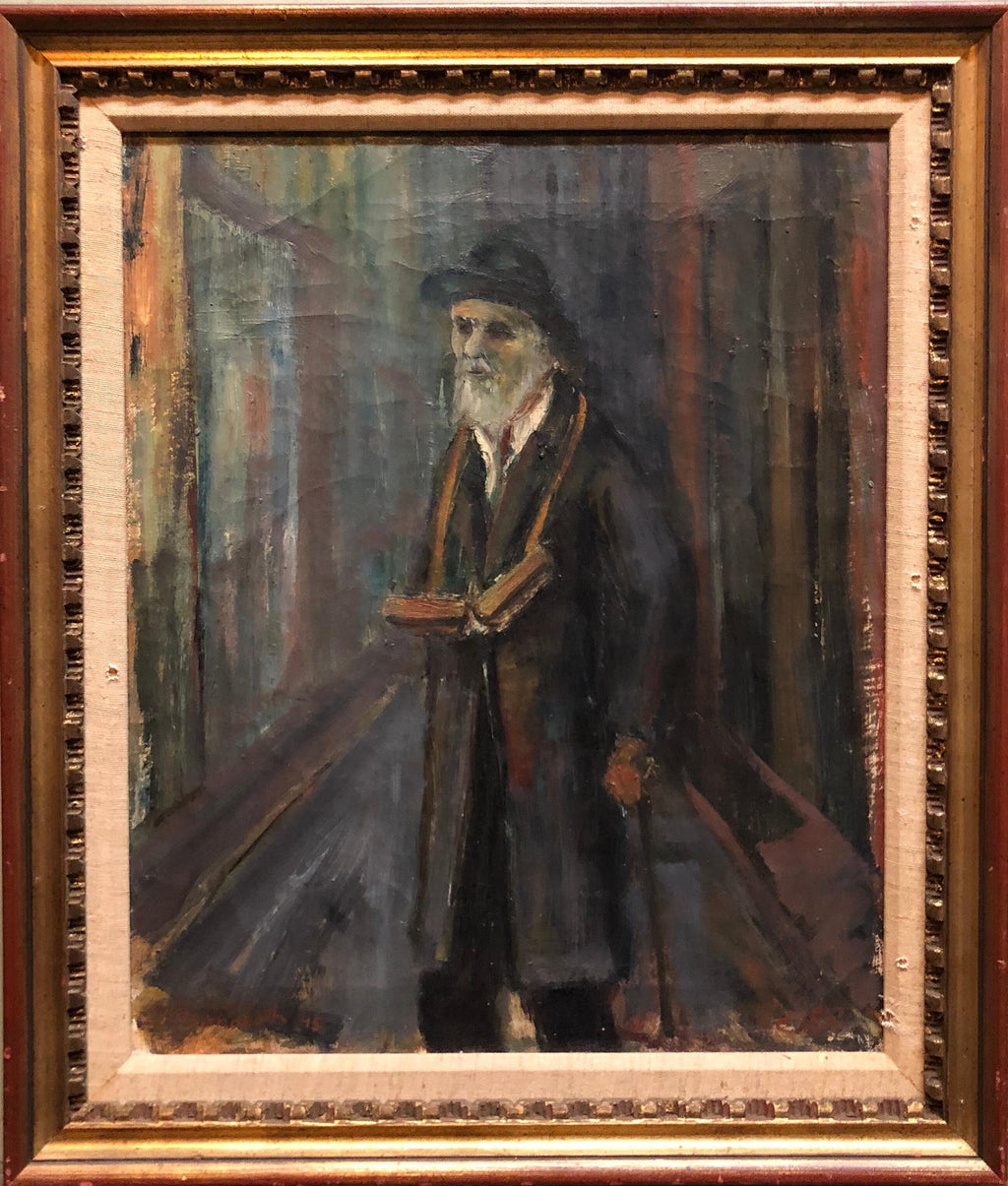 Judaica Oil Painting 1945 Palestine Old Jewish Man Polish Israeli Artist