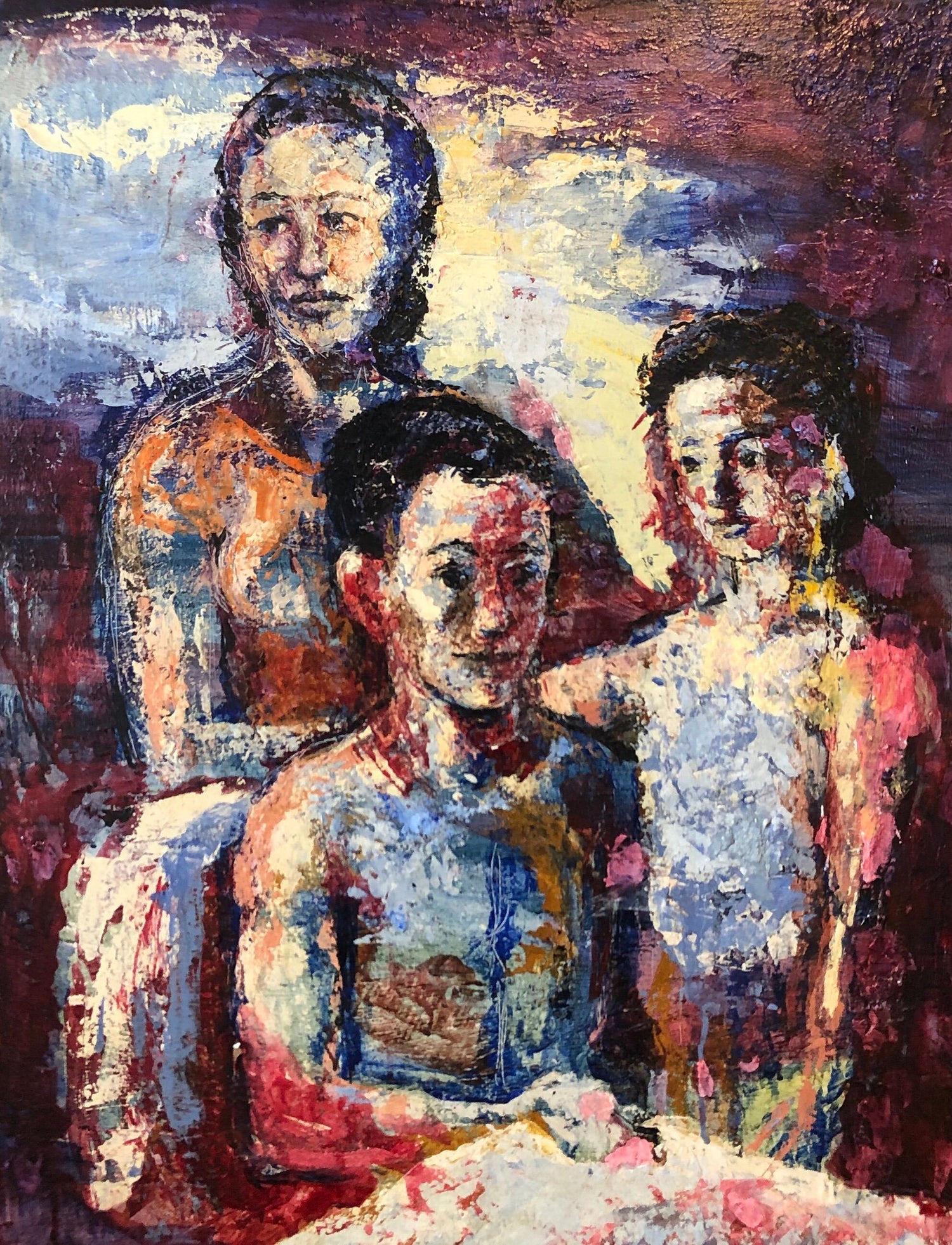 Family Portrait, Large Surrealist Oil Painting Mother, Children, Neo Surrealism