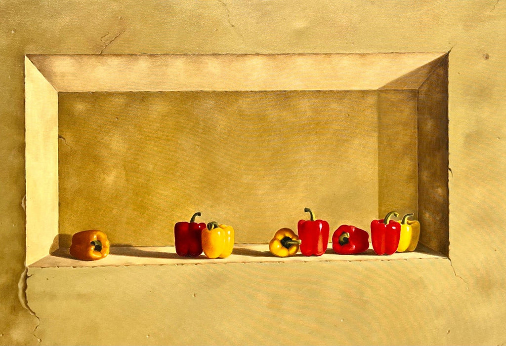 Large Trompe L'oeil Oil Painting Rene Chavelle Belgian Photo Realist Peppers