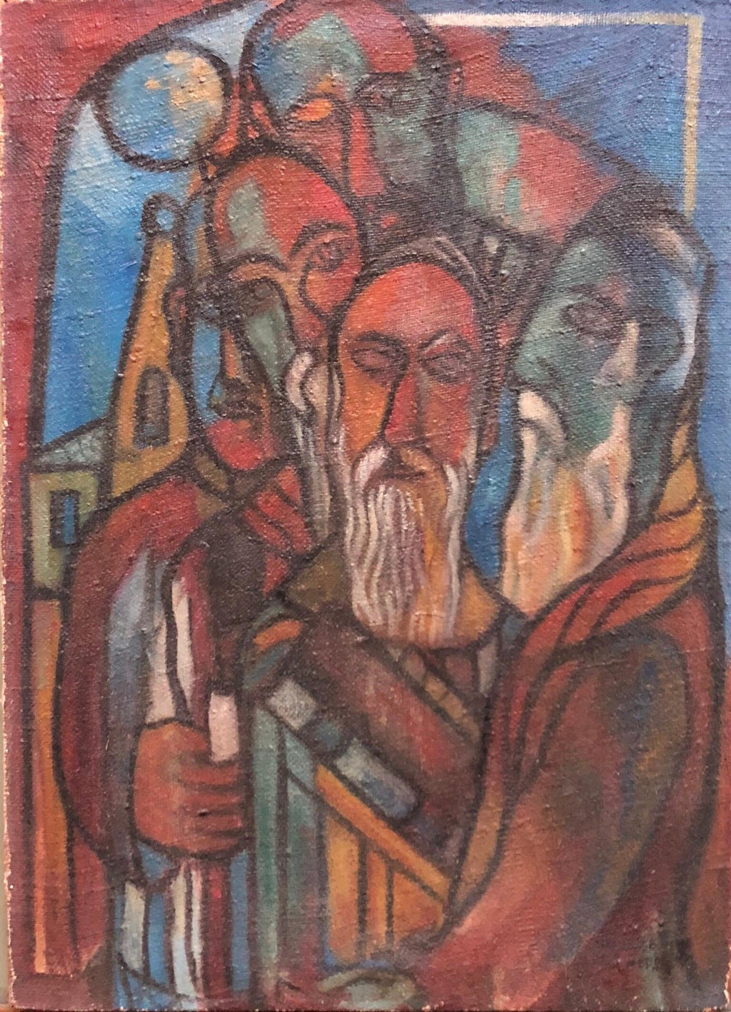 Modernist Judaica Oil Painting Blessing the New Moon, Jewish Prayer