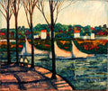 River Walk, American Modernist Oil Painting Landscape with  River and Boats
