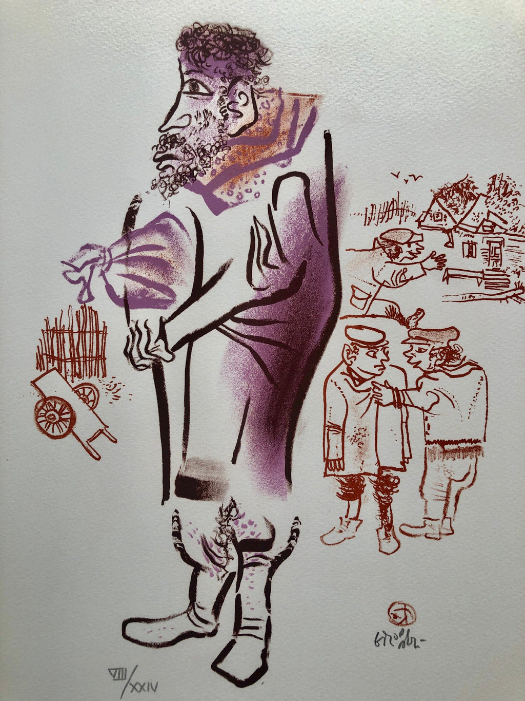 Jewish Shtetl Peddlar Americana Judaica Lithograph WPA Yiddish Social Realist