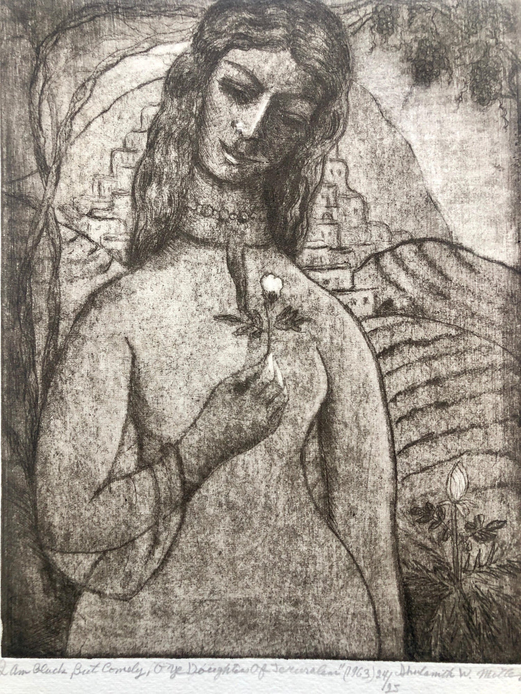 Modernist "I Am Black But Comely" Etching Israeli Judaica Bezalel School Woman