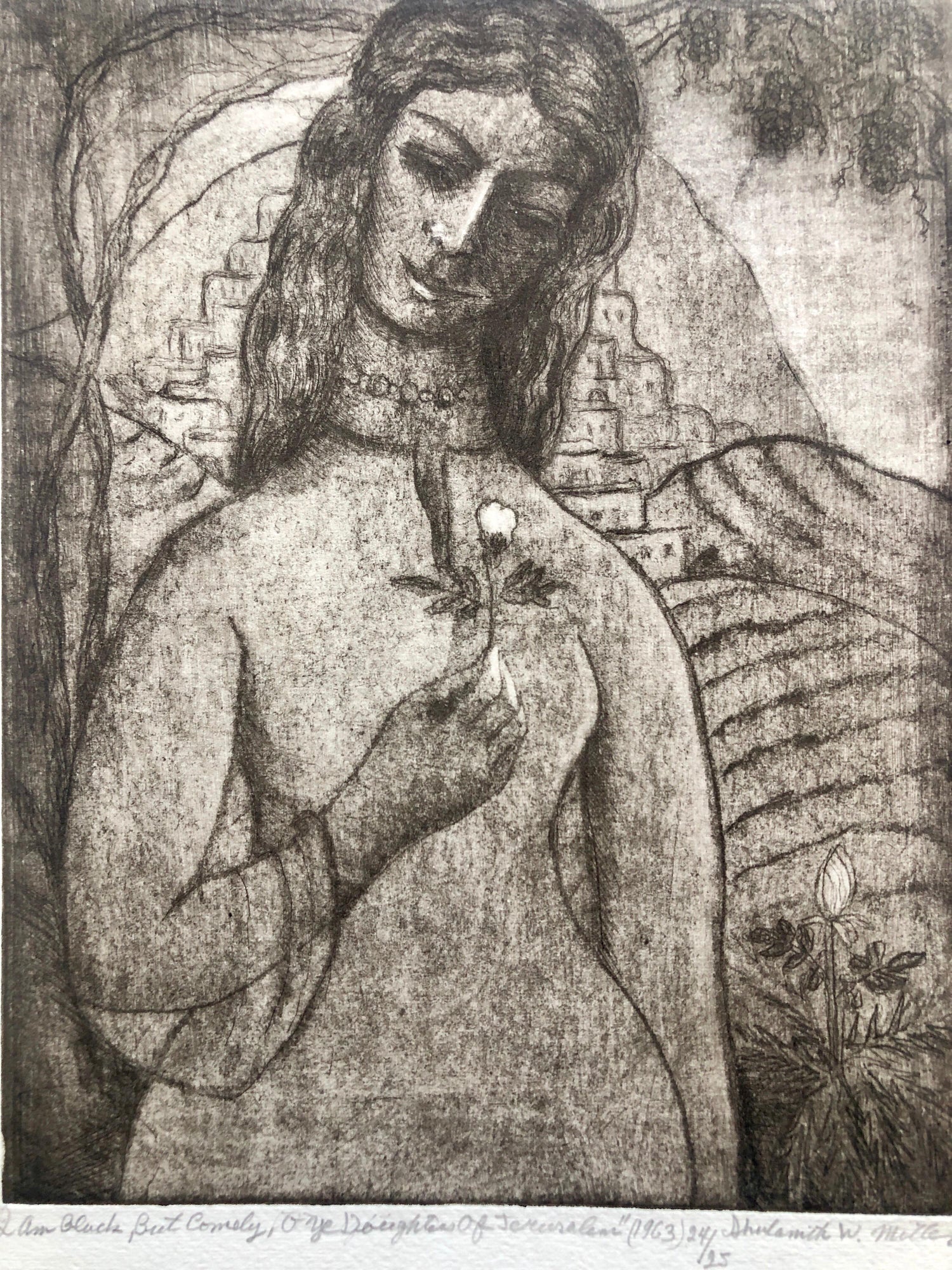 Modernist "I Am Black But Comely" Etching Israeli Judaica Bezalel School Woman