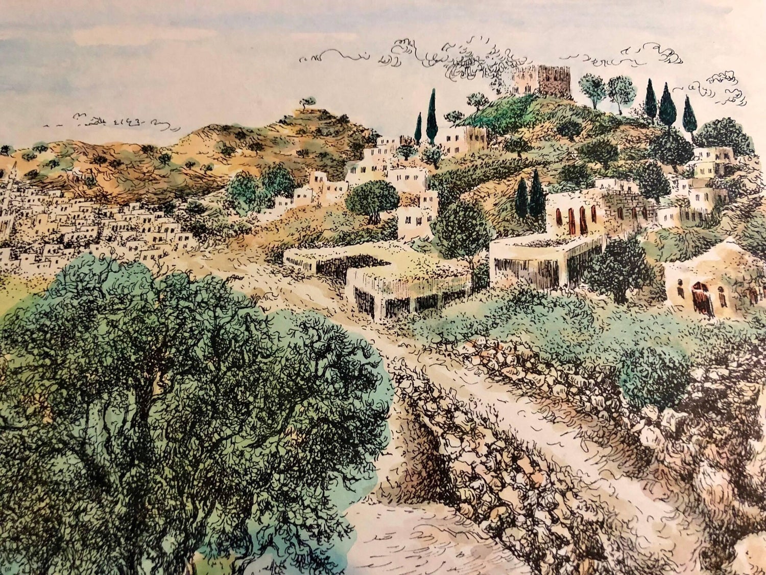 Hebron, 1967 Israeli Judaica Mixed Media Print Watercolor Painting