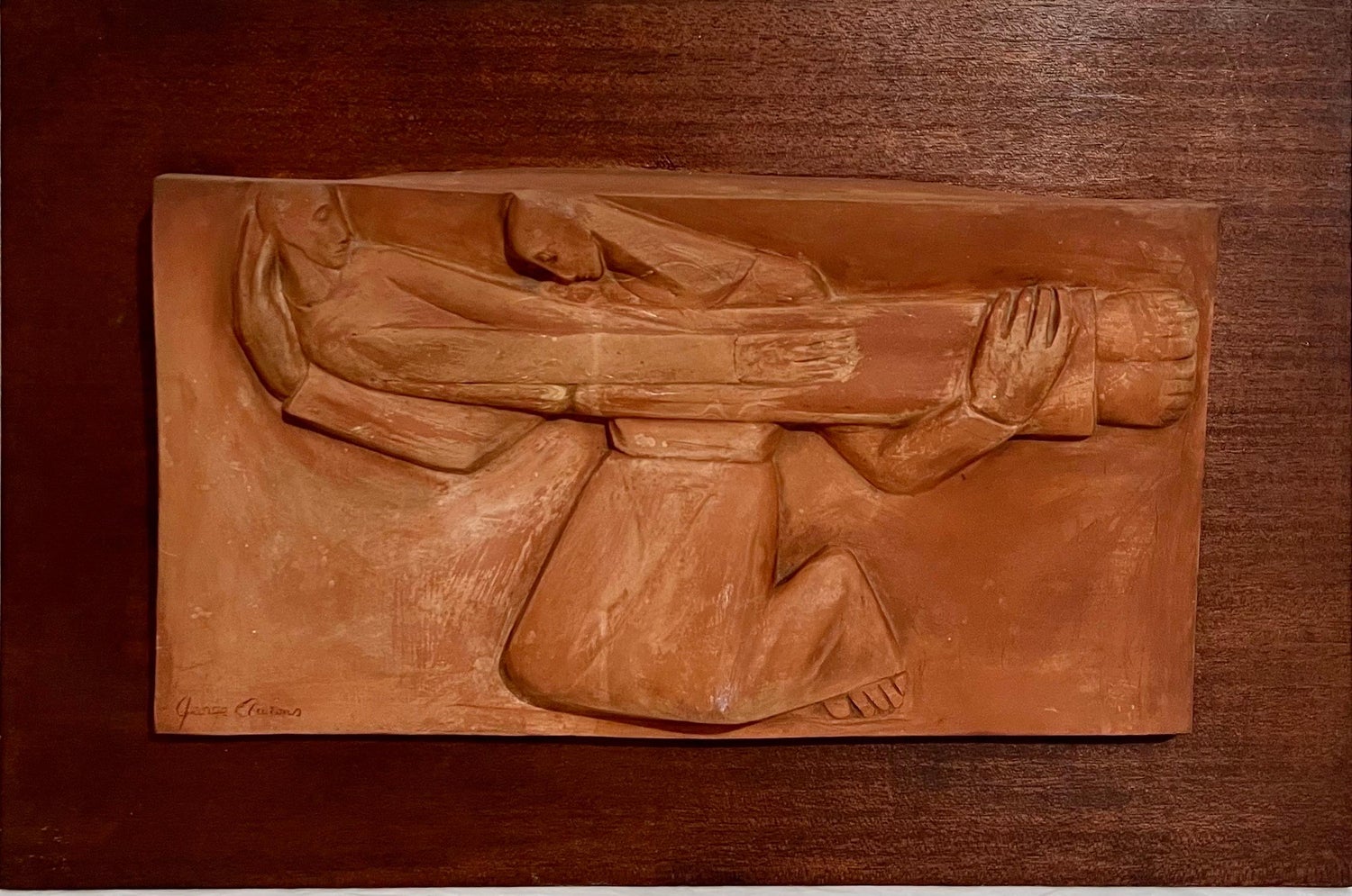 Rare Milk Glass Carved Sculpture Panel Cowboy Indian WPA Artist Americana